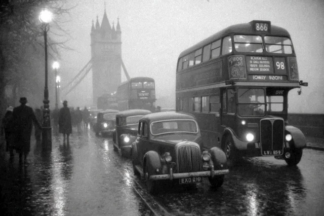 Foggy London Street Scene 1950s Vintage Photo