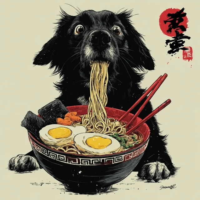 Dog Eating Ramen Illustration - Quirky Cartoon Art