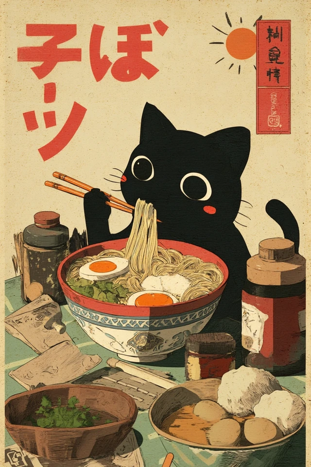 Kawaii Black Cat Eating Ramen Poster Anime Style