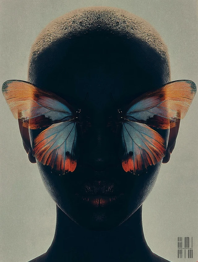 Surreal Portrait Black Woman Butterflies