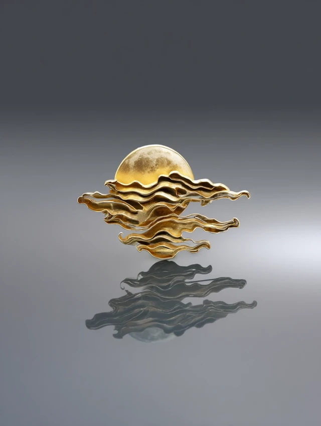 Gold Brooch Abstract Moon Rising Art Jewelry