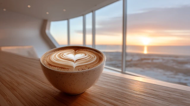 Coffee Latte Art Sunset View Serene Modern