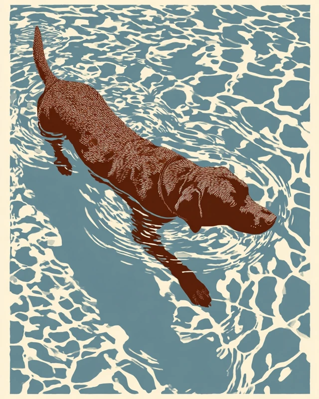 Brown Labrador Swimming in Blue Water Matisse Style