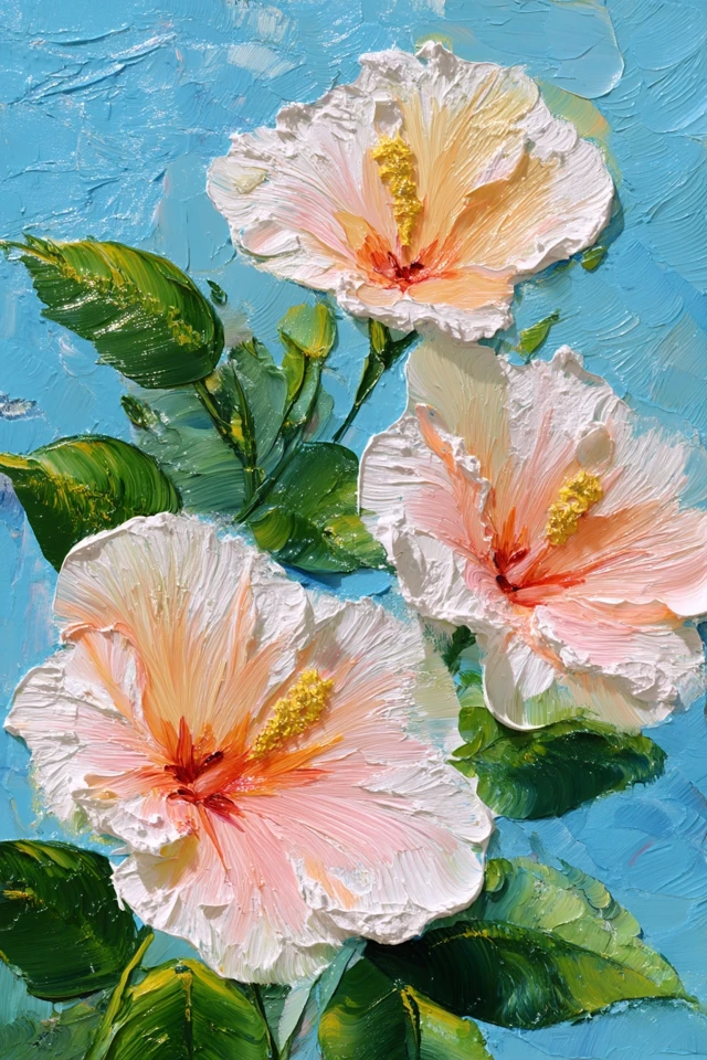 Hibiscus Blossoms Oil Painting on Blue Background