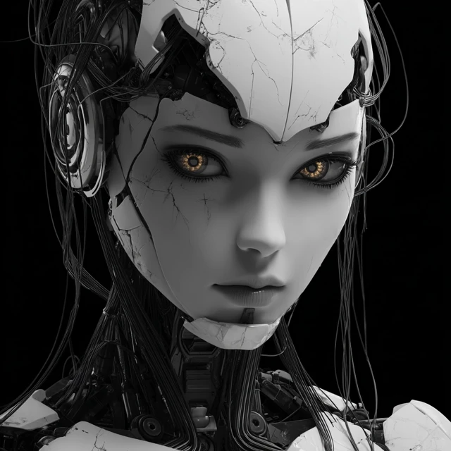 Friendly Female Robot Portrait in Black and White