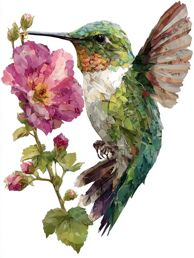 Hummingbird Art Paper Collage Pink Flowers