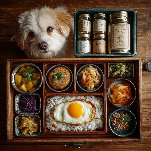 Homemade Bento Box Lunch with Cute Dog and Delicious Food