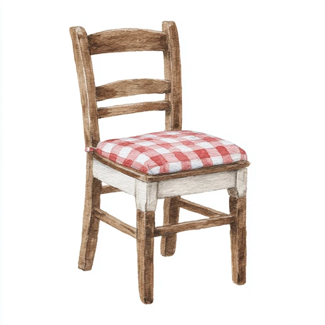 Watercolor Painting Wooden Chair with Red Checkered Cushion