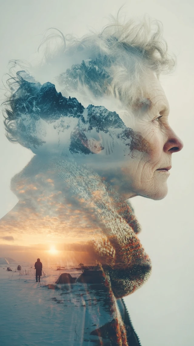 Elderly Canadian Portrait Double Exposure Landscape