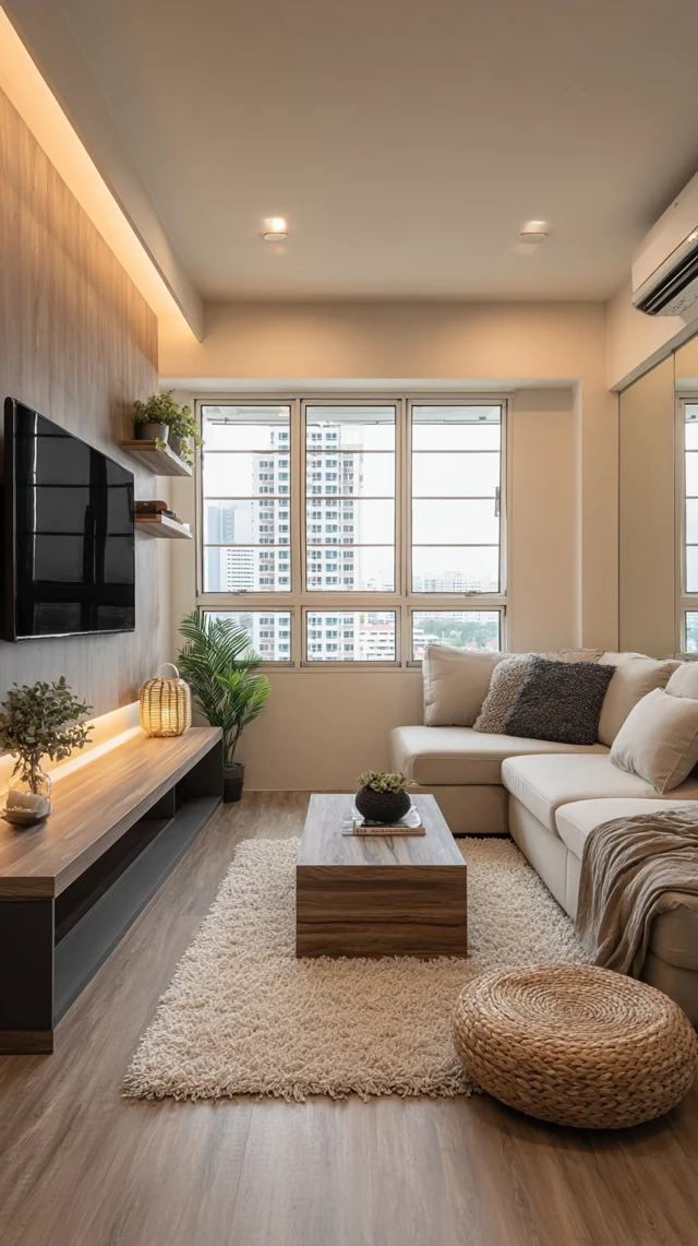 Modern HDB Room Design with Natural Tones and Soft Lighting