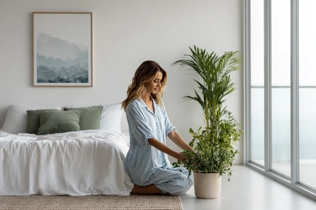 Woman Decorating Modern Bedroom Cozy Atmosphere
