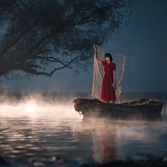 Surreal Photography Woman in Red Dress on Boat