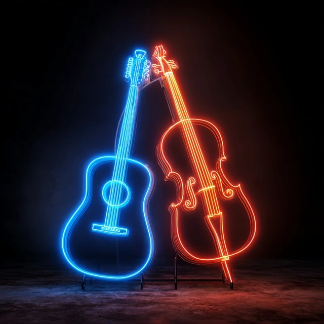 Neon Guitar Cello Art Black Background