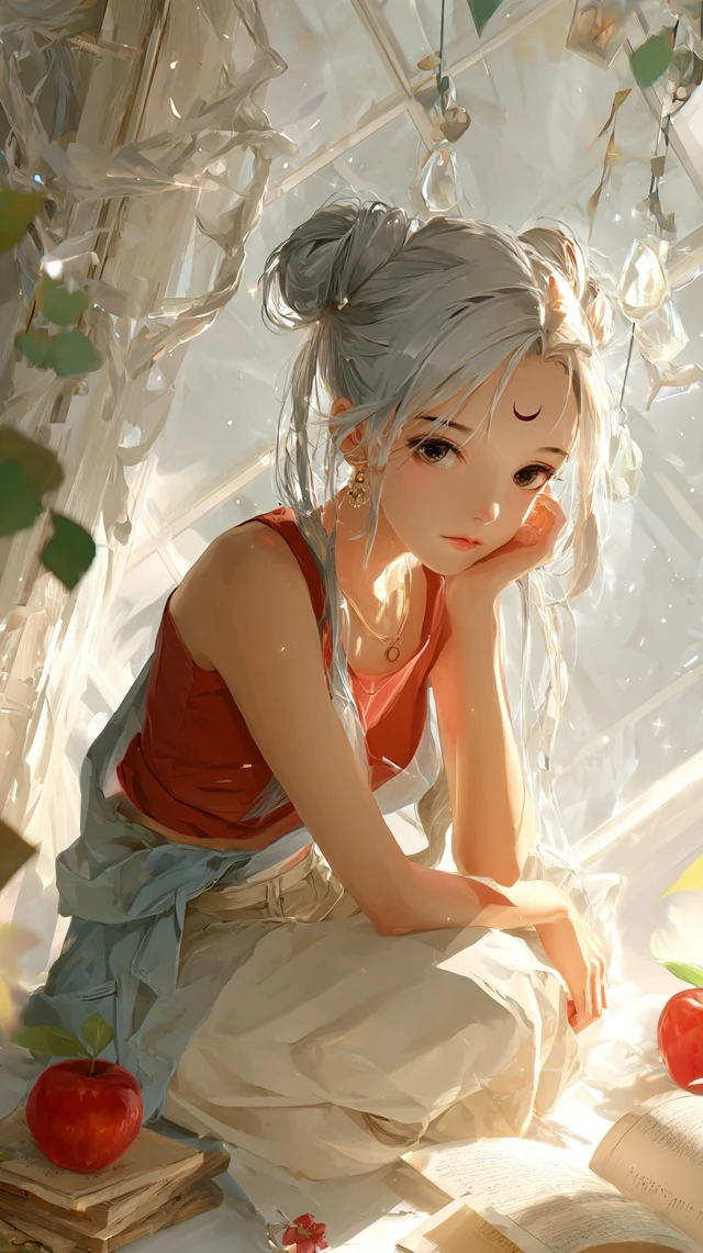 Moon Hare Girl Art Illustration Silver Hair Bun