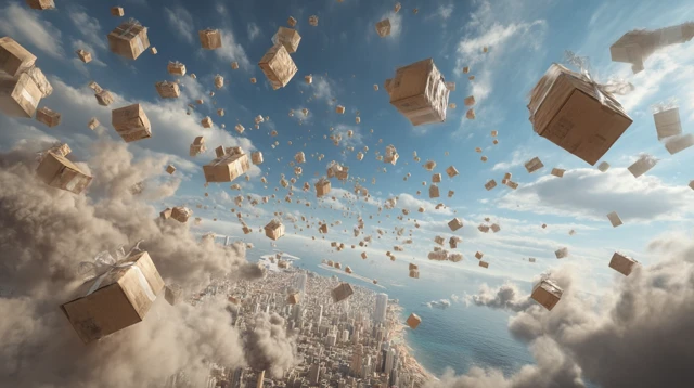 Boxes Falling From The Sky City View Cinematic Image