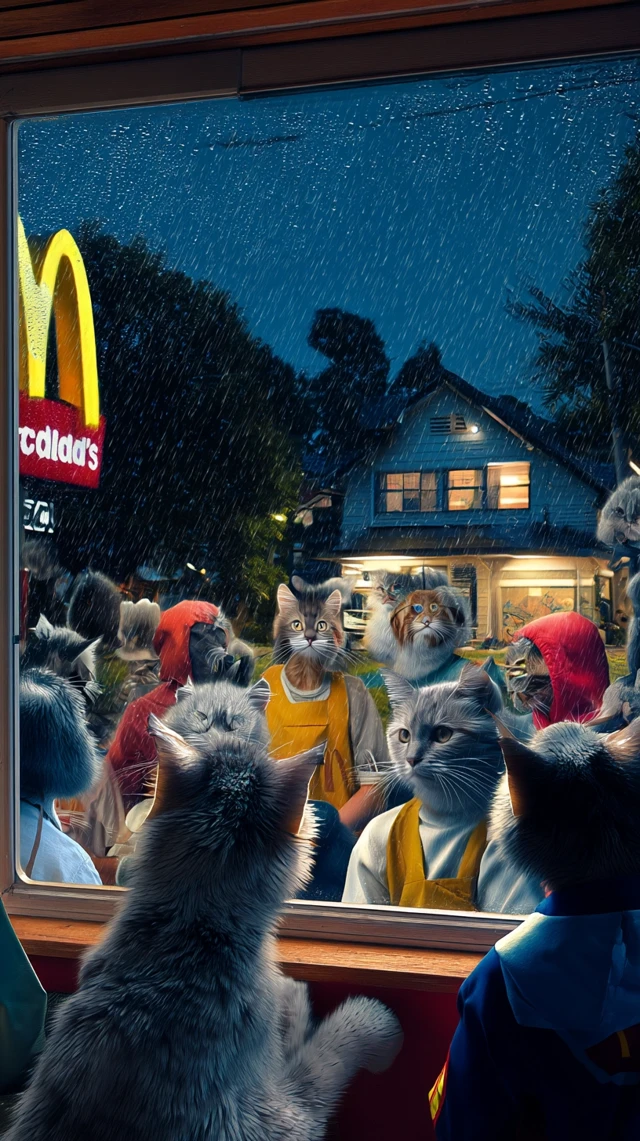 Anthropomorphic Cats at McDonalds Rain Scene