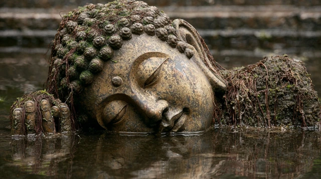 Submerged Buddha Statue Ancient Pond Stone Head