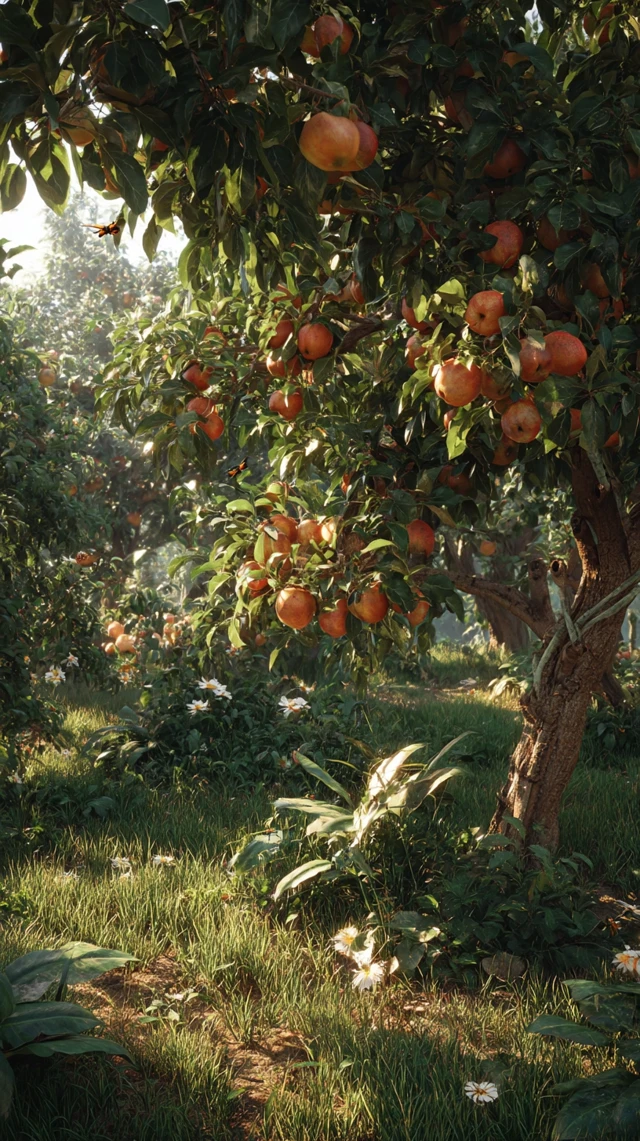 Hyperrealistic Orchard Scene Late Summer Apples