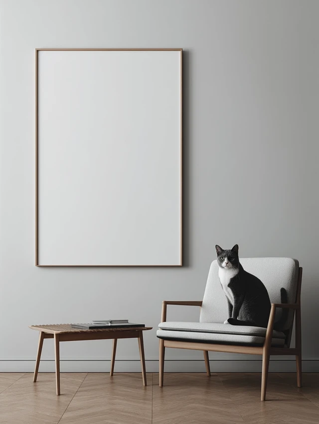 Blank Picture Frame with Cat in Modern Room