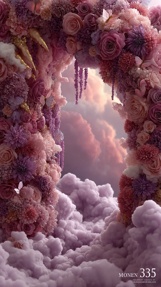 Magical Fantasy Landscape with Flowers and Clouds