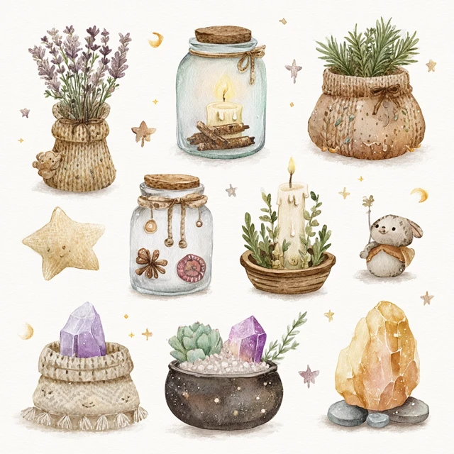 Watercolor Witchy Clipart: Herbs, Candles, and Cozy Vibes
