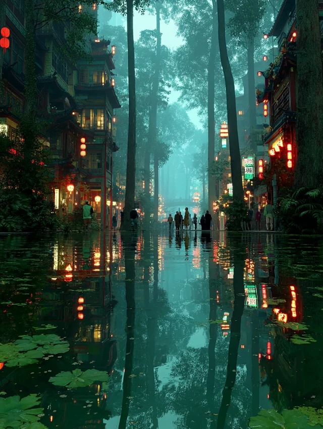 Cyberpunk Forest City: Chinese Architecture in Nature