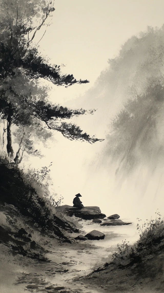 Korean Ink Wash Painting of a Traveler in Nature