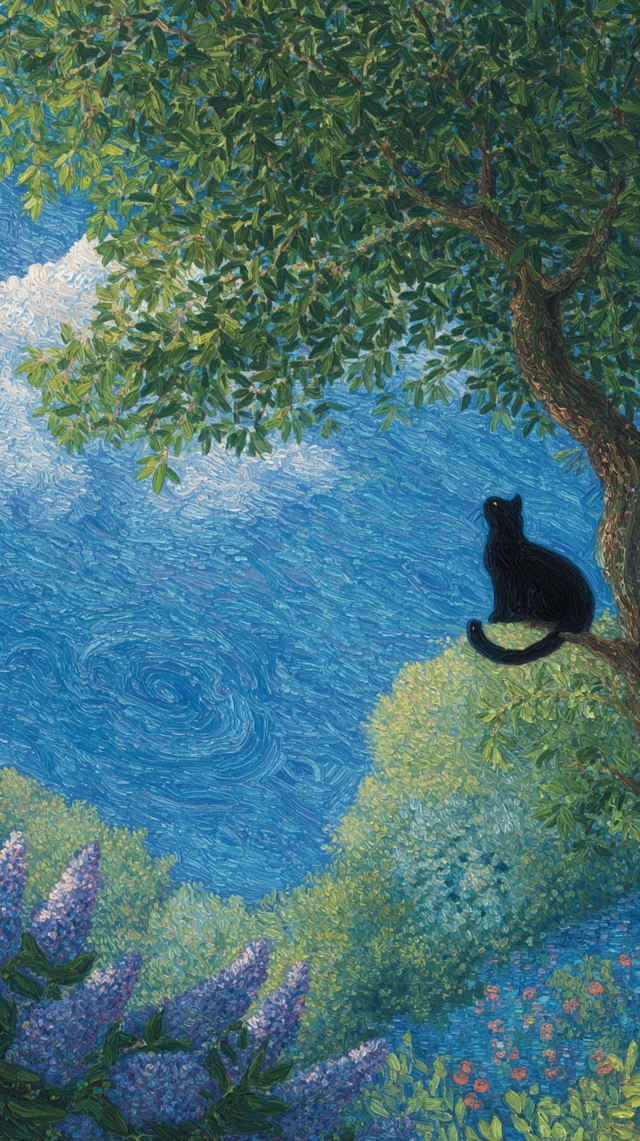 Black Cat in a Tree Dreamy Nature Painting