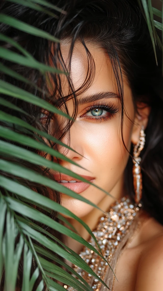 Beautiful Woman Portrait with Green Eyes and Palm Leaves