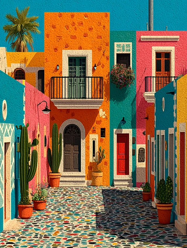Mexican Street Scene in Matisse Style Colorful Art