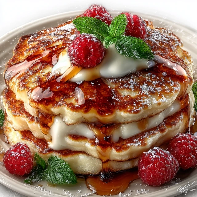 Delicious Pancakes with Syrup and Raspberries