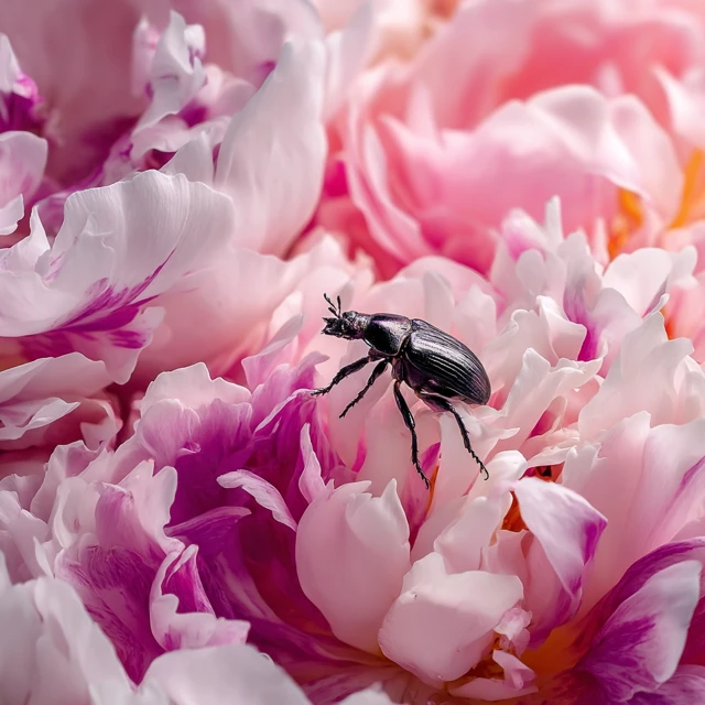 Black Beetle on Pink Peonies Macro Photography