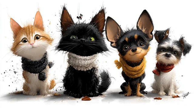 Cute Cats and Dogs Playing Together Adorable Illustration
