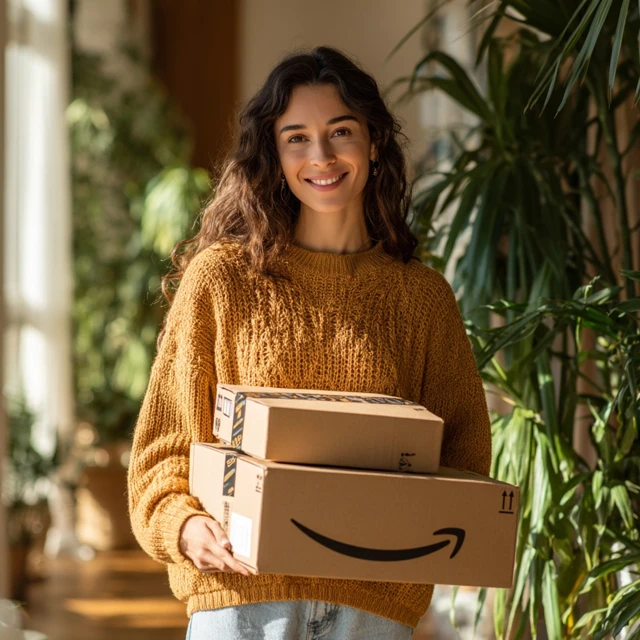Amazon Delivery Lifestyle Photo Happy Woman Modern Home
