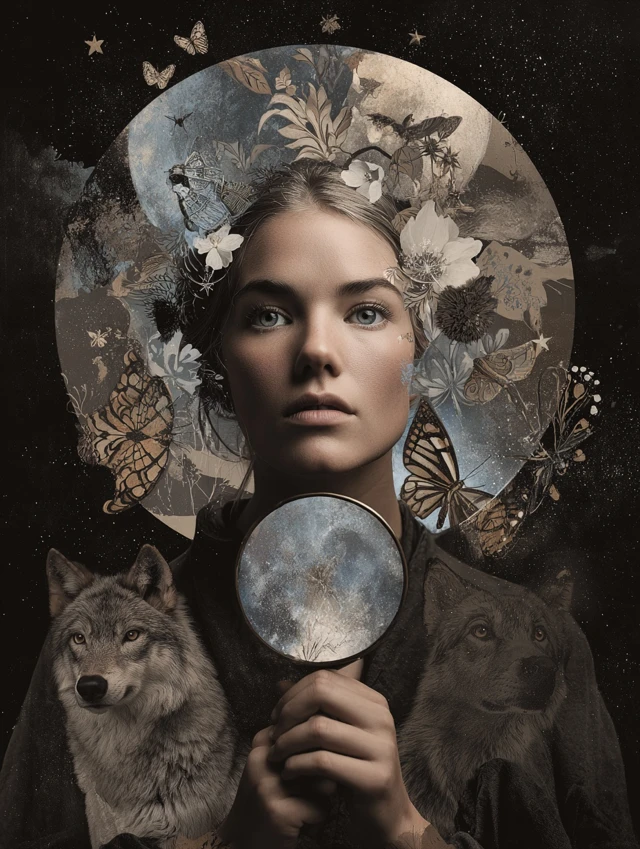 Woman Mirror Cosmic Wolves Moon Retro Art