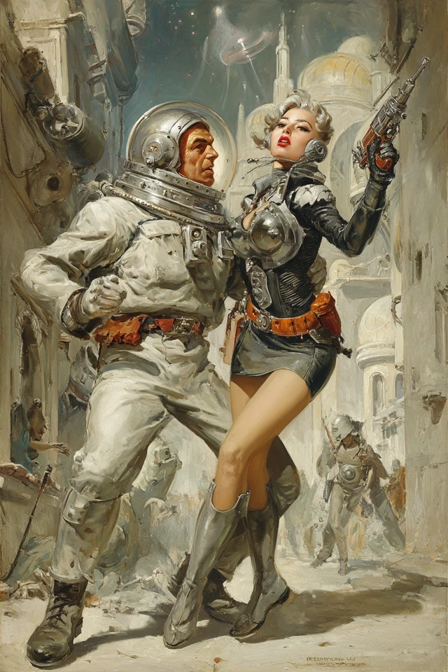 Retro SciFi Painting Man and Woman in Alien City