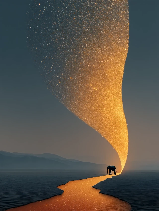 Surreal Elephant Dreamscape: Golden Stars and Masterpiece