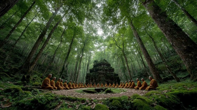 Serene Forest Scene: Monks in a Spiritual Gathering