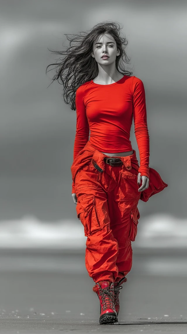 Woman in Red on Stormy Beach