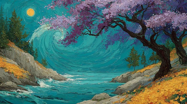 Ocean Wave Painting Blooming Spring Tree
