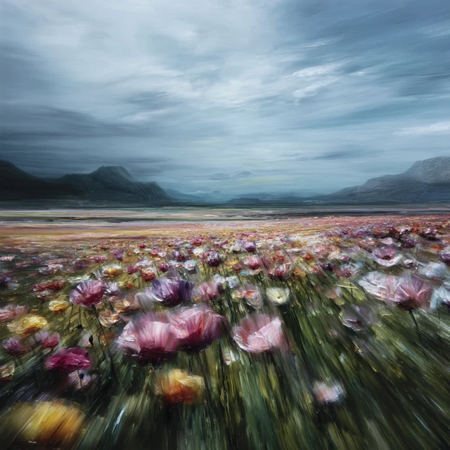 Field of Flowers Painting Capturing Emotion and Contrast