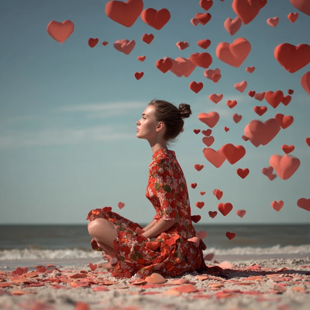 Woman on Beach Surrounded by 3D Hearts