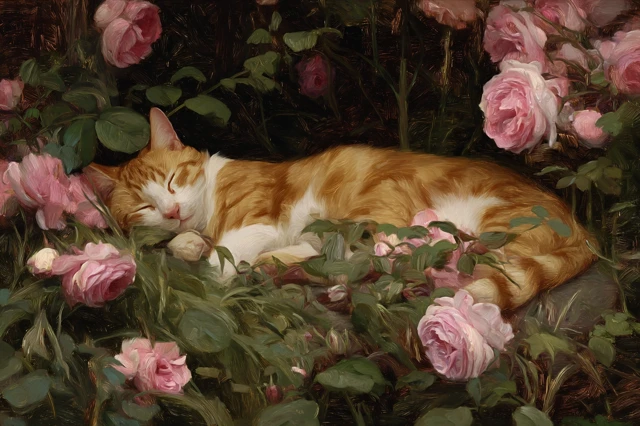 Sleeping Cat in Roses Cottagecore Painting