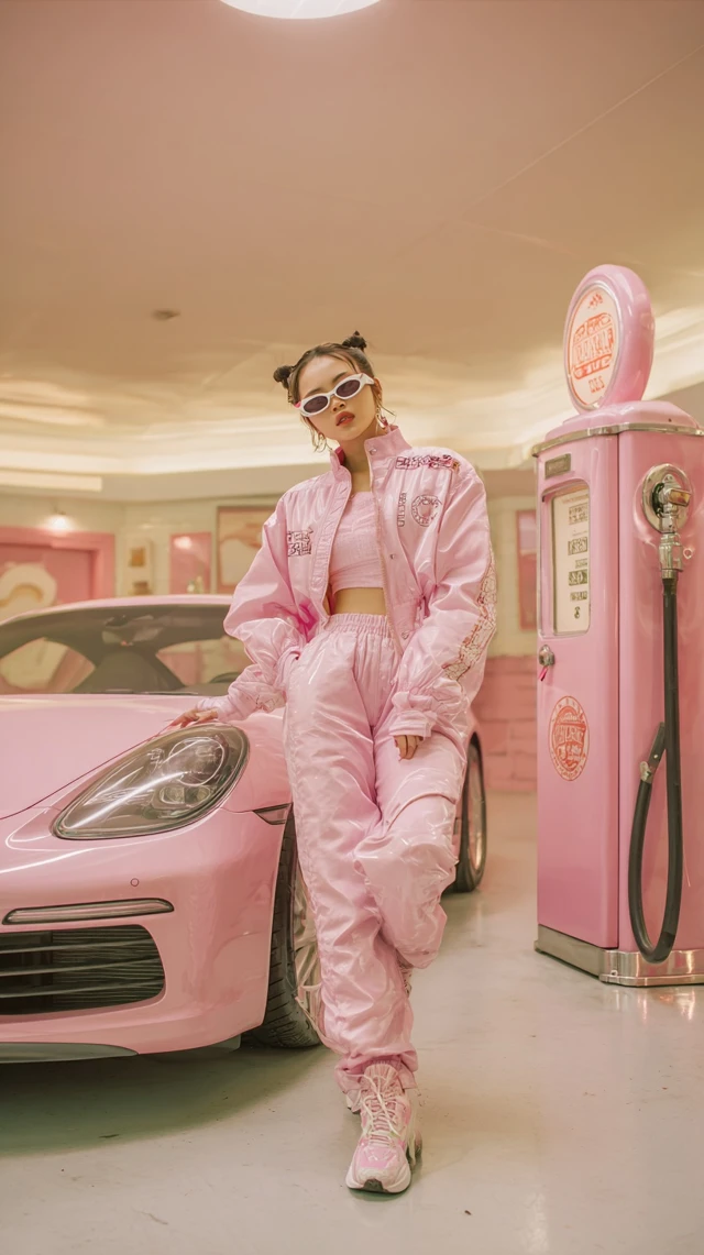 Asian Pop Star in Pink Racing Suit Editorial Photo
