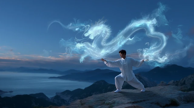 Tai Chi Master and Dragon Energy at Sunset