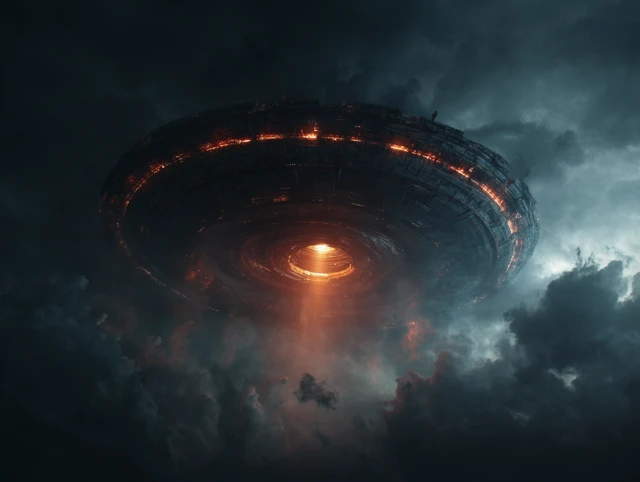 Mysterious High Tech UFO Over Cityscape