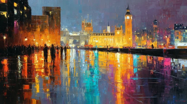 Bold Cityscape Painting: Palette Knife and Vibrant Lights