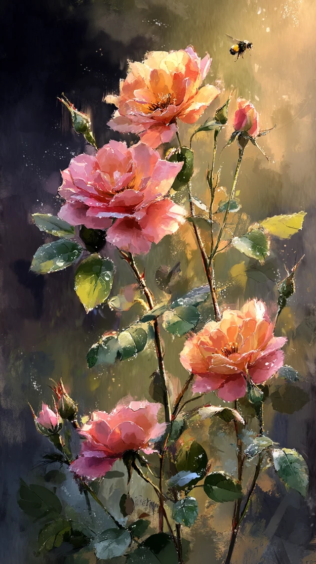Watercolor Rose Bush Sunset Dreamy Art
