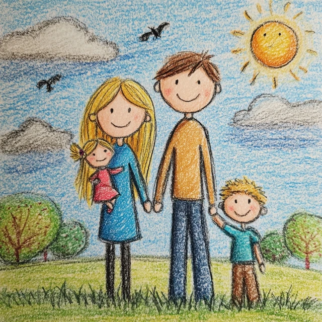 Family Portrait Drawn with Colored Pencils Nature Scene