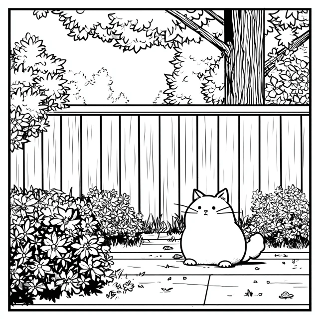 Cat in Garden Coloring Page for Kids Kawaii Style